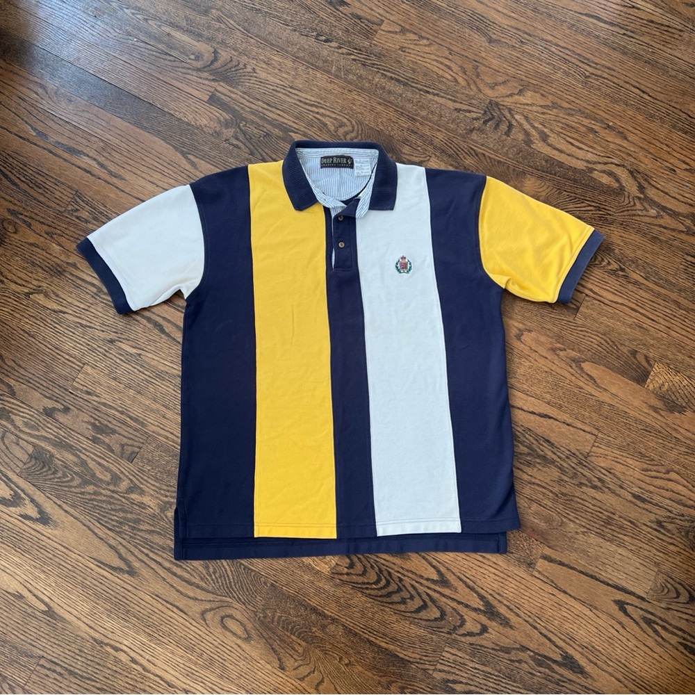VTG Deep River Trading Co Men’s XL Short Sleeve Polo Shirt Striped Navy Yellow